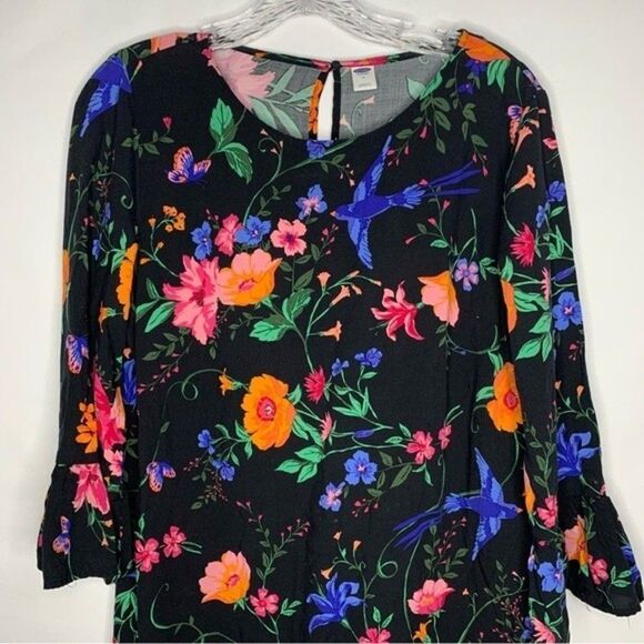 Old Navy Black Multi Color Floral Flare Flounce Sleeve Shift Dress Rayon M - Picture 3 of 11